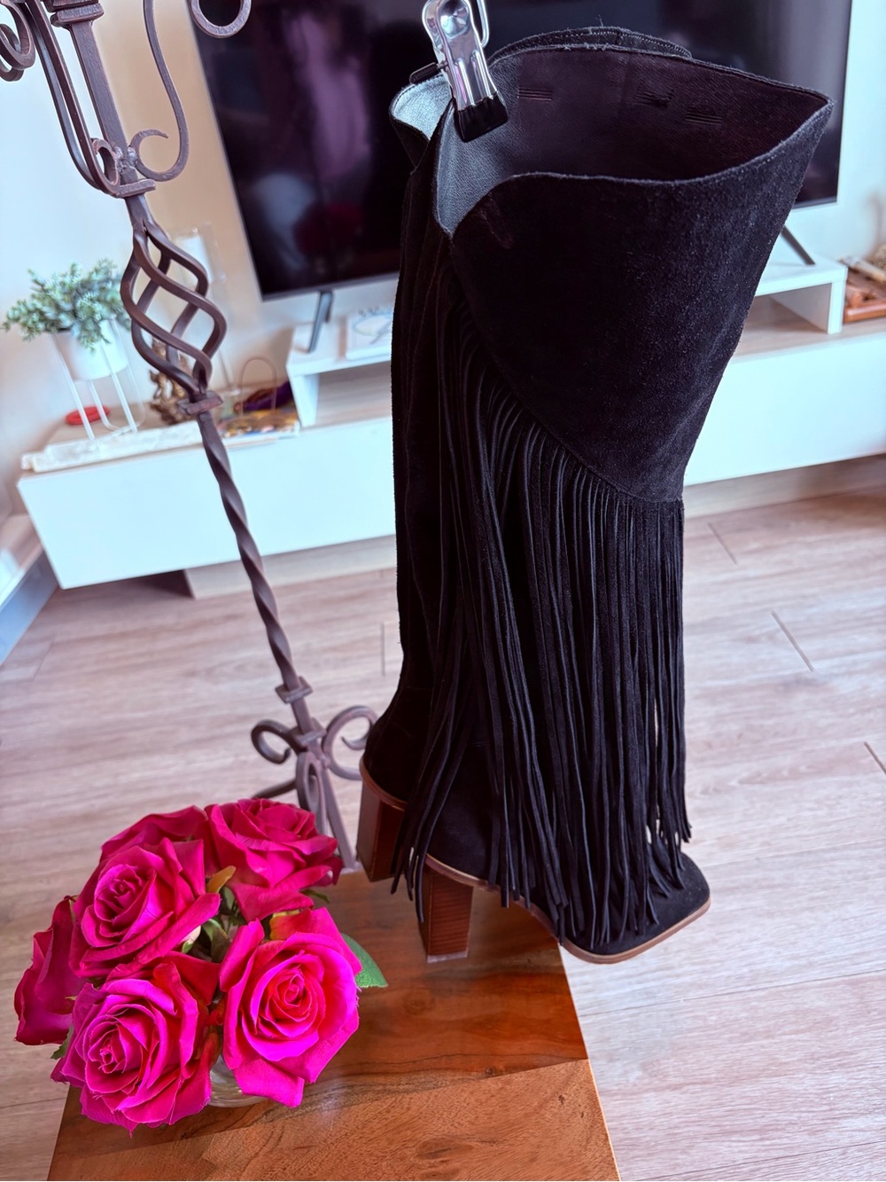 Jessica Simpson Black Suede Over-the-Knee Fringe Boots